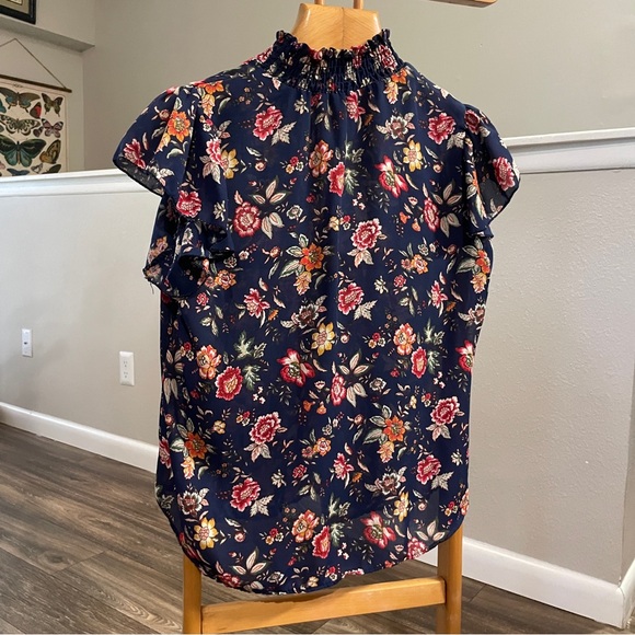 NY Illusions Tops - NY Illusion Navy Floral Smocked Neck Blouse Size Large